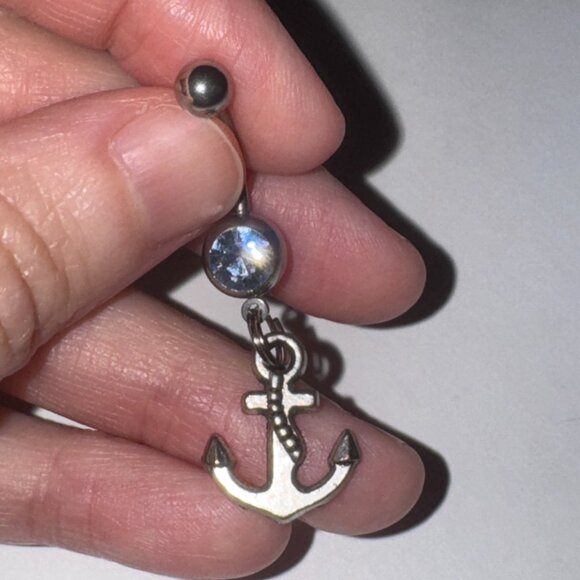 Small Anchor with Light Blue Gem Dangle Belly Ring - Picture 7 of 13